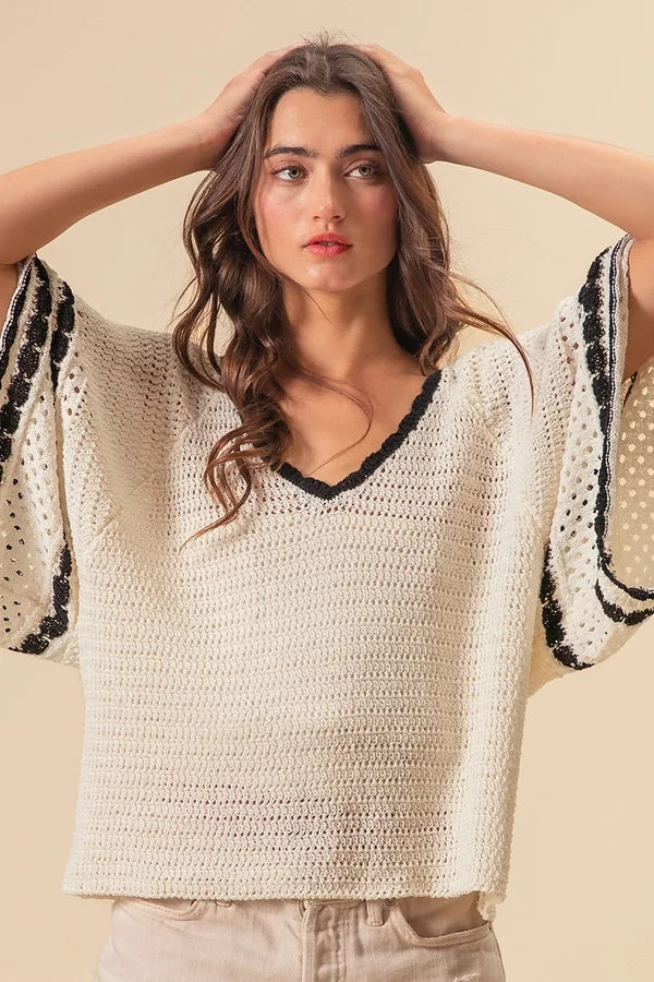 Edge Contrast Pointelle Sweater - XL ONLY