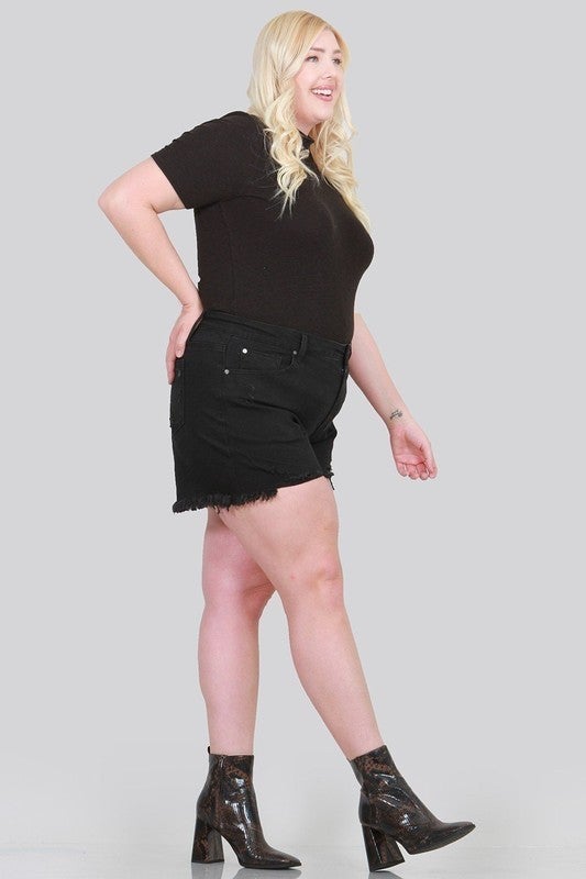 SPECIAL A BLACK DISTRESSED HIGH RISE SHORTS WITH DOUBLE BUTTON