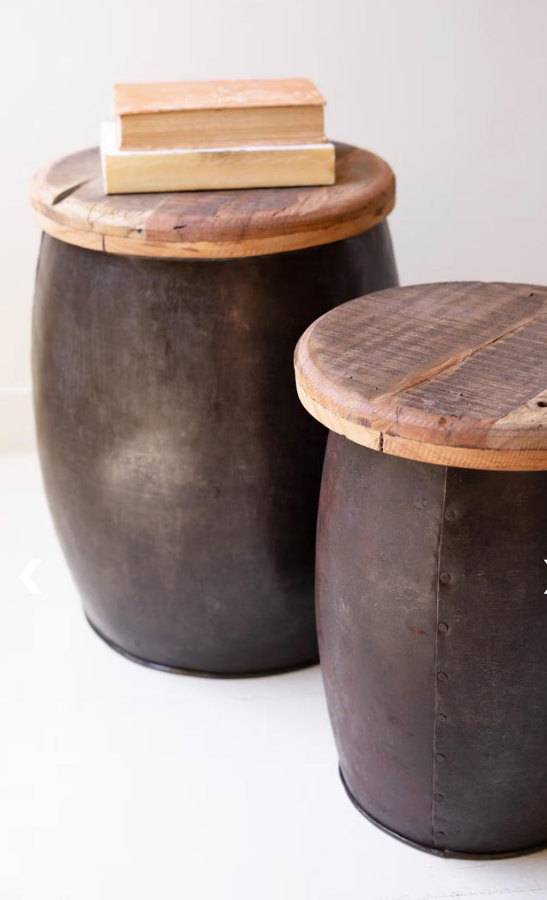 Recycled Wood and Metal Drum Table