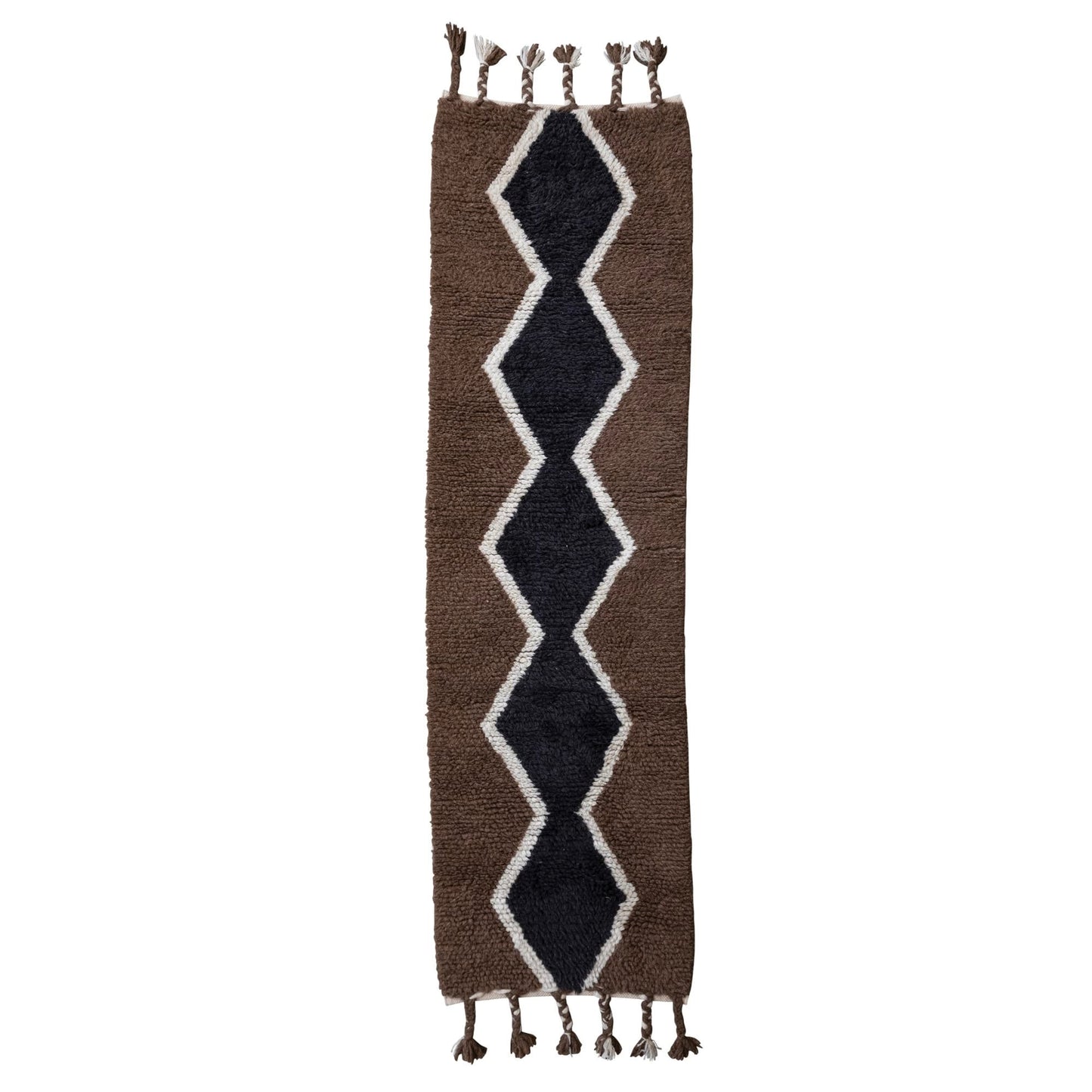 Hand-Woven Wool Tufted Floor Runner w/ Diamond Design & Braided Tassels