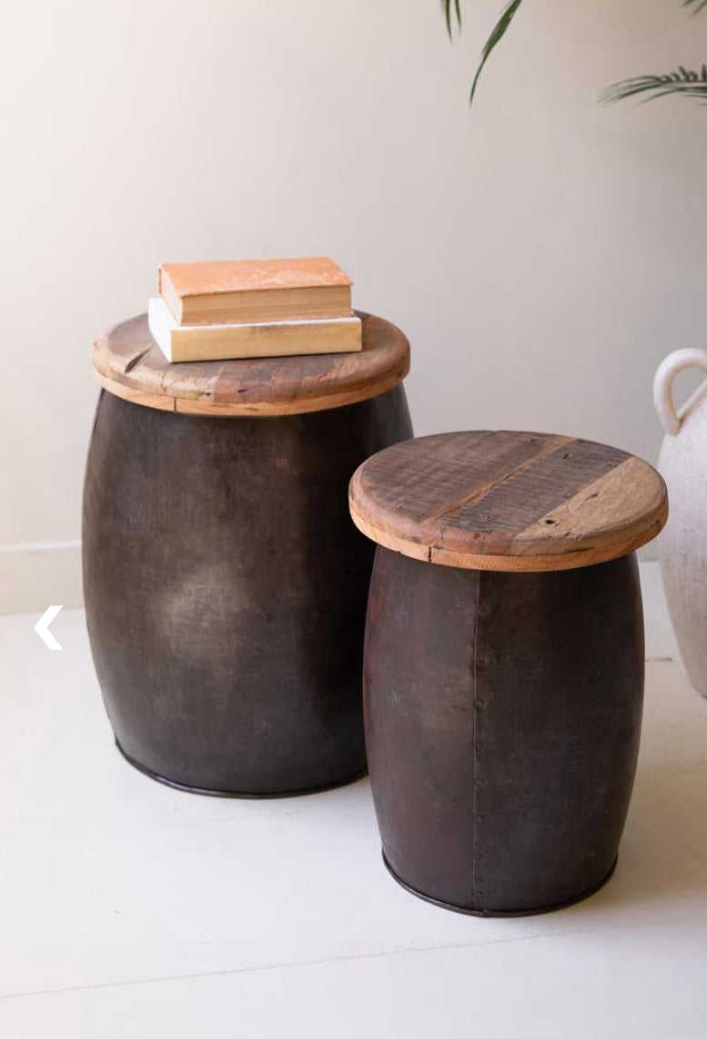 Recycled Wood and Metal Drum Table