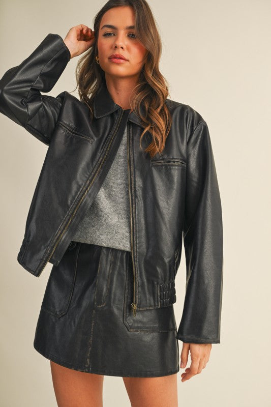 Washed Vegan Leather Zip-Up Jacket