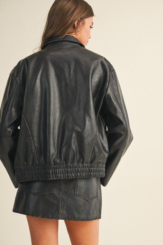 Washed Vegan Leather Zip-Up Jacket