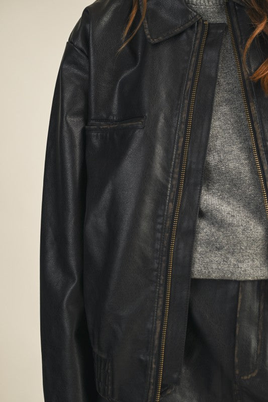 Washed Vegan Leather Zip-Up Jacket
