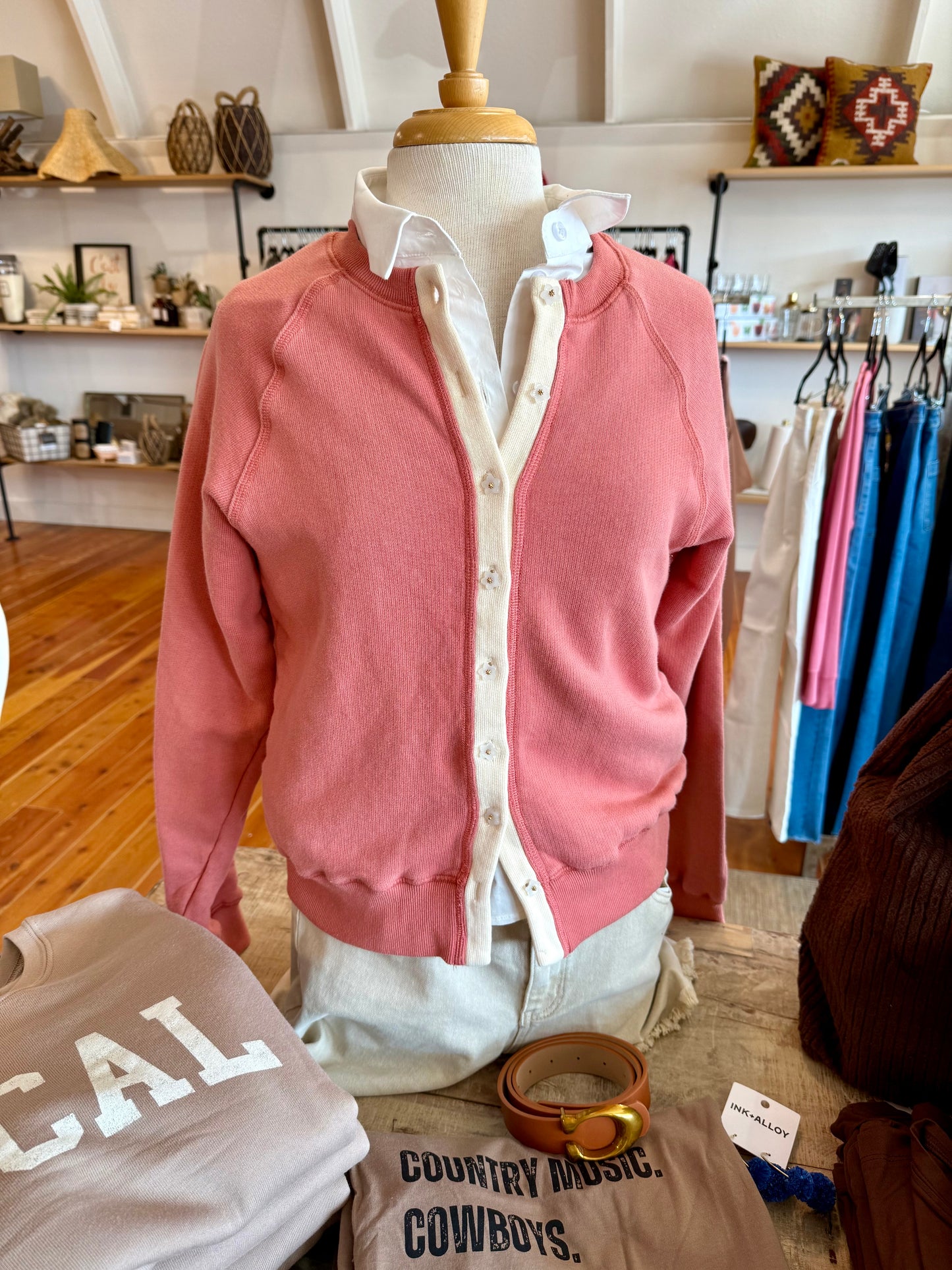 Mineral Washed Flower Button Sweatshirt Cardigan