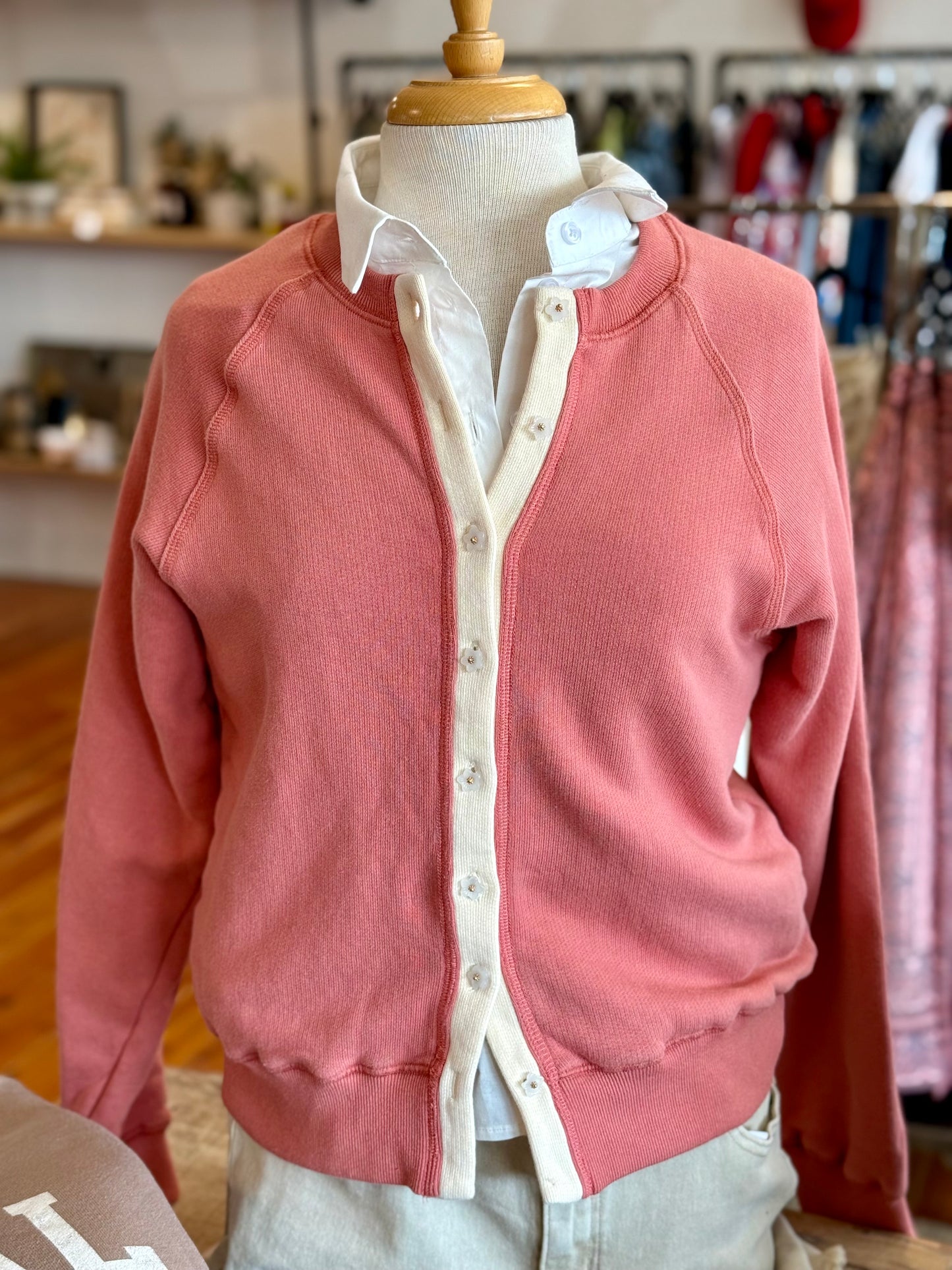 Mineral Washed Flower Button Sweatshirt Cardigan