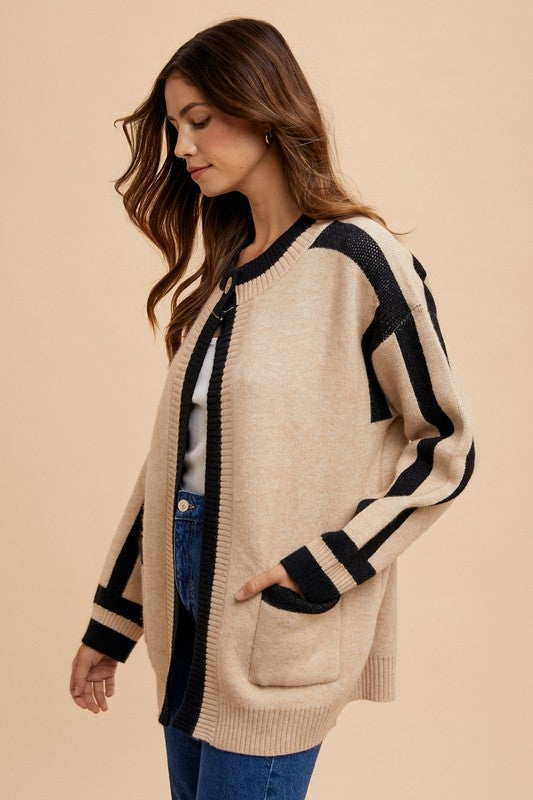 Contrast Line Open Sweater Cardigan