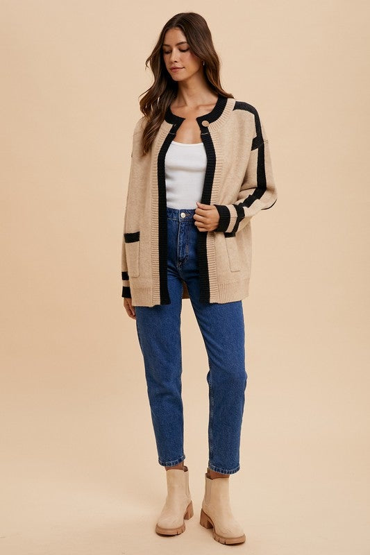 Contrast Line Open Sweater Cardigan