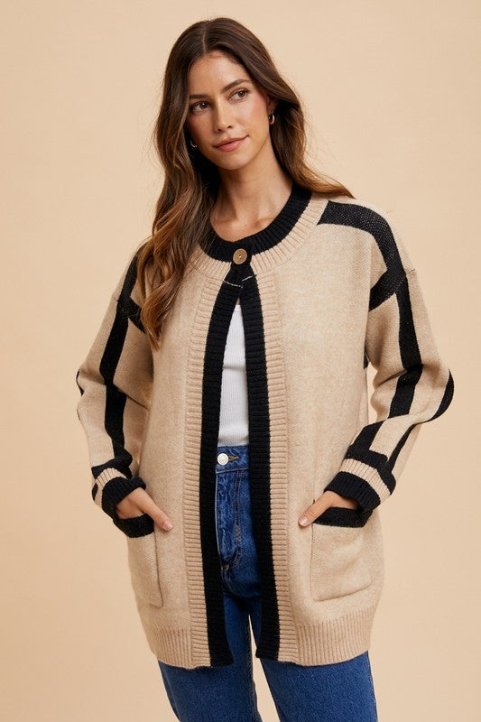 Contrast Line Open Sweater Cardigan