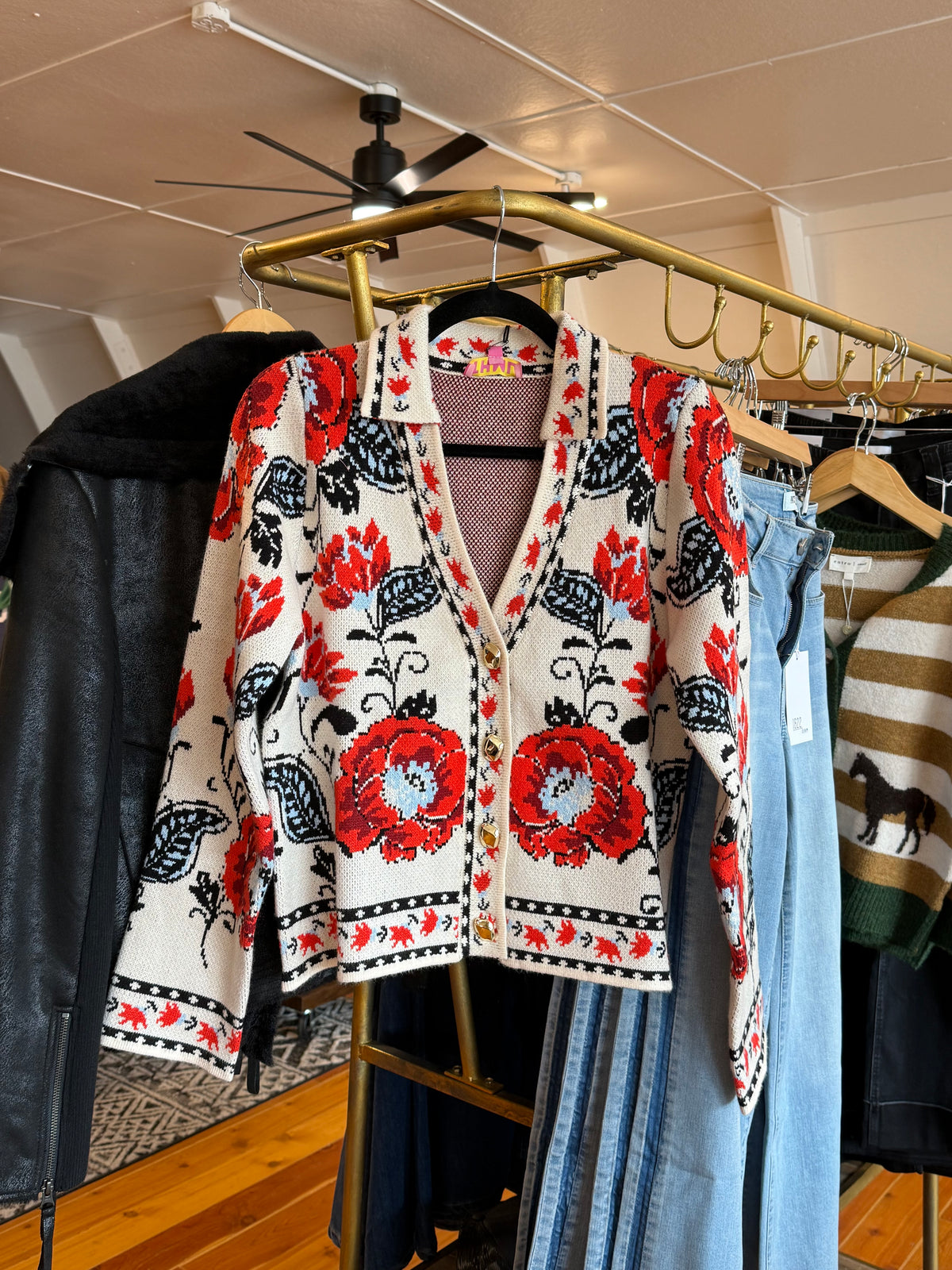 THML Floral Collared Sweater Cardigan