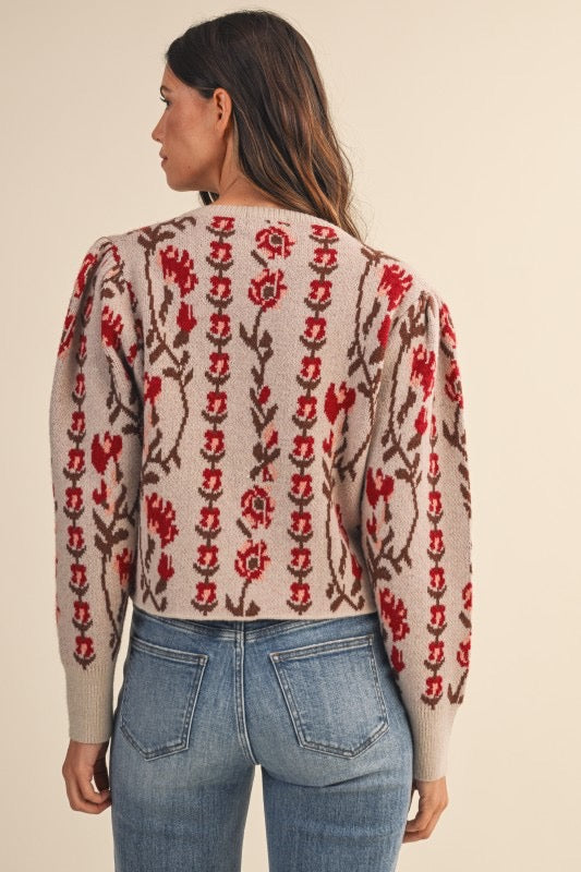 Floral Puff Sleeve Knit Cardigan