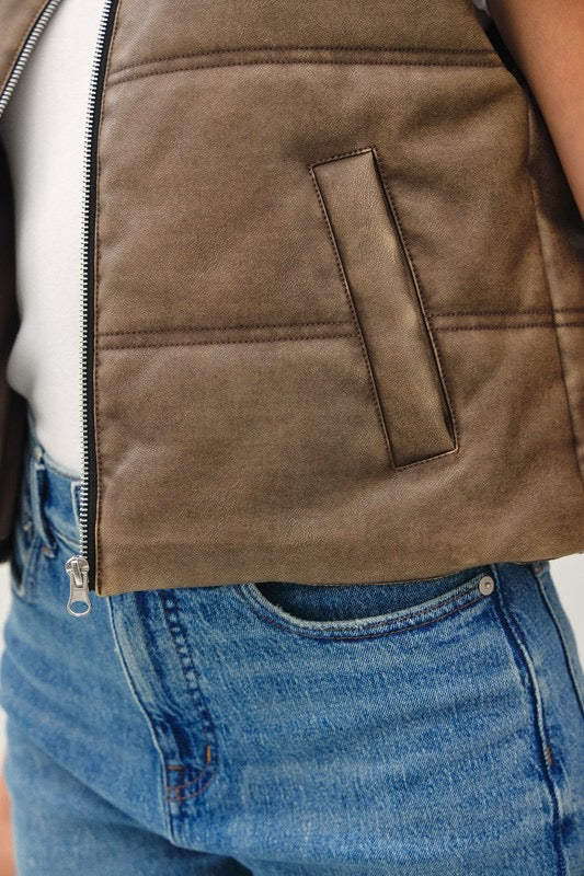 Aged Faux Leather Puffer Vest