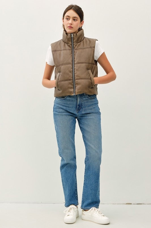Aged Faux Leather Puffer Vest