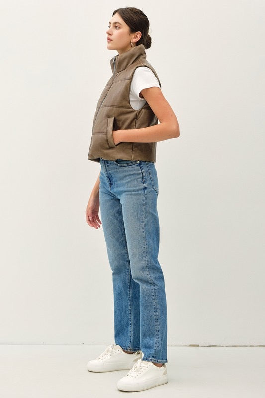 Aged Faux Leather Puffer Vest