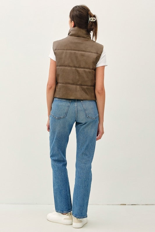Aged Faux Leather Puffer Vest