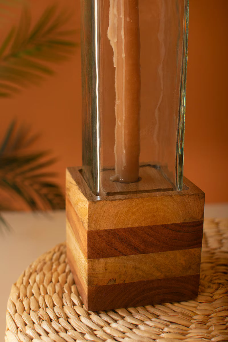 Square Glass and Wood Taper Candle Holders