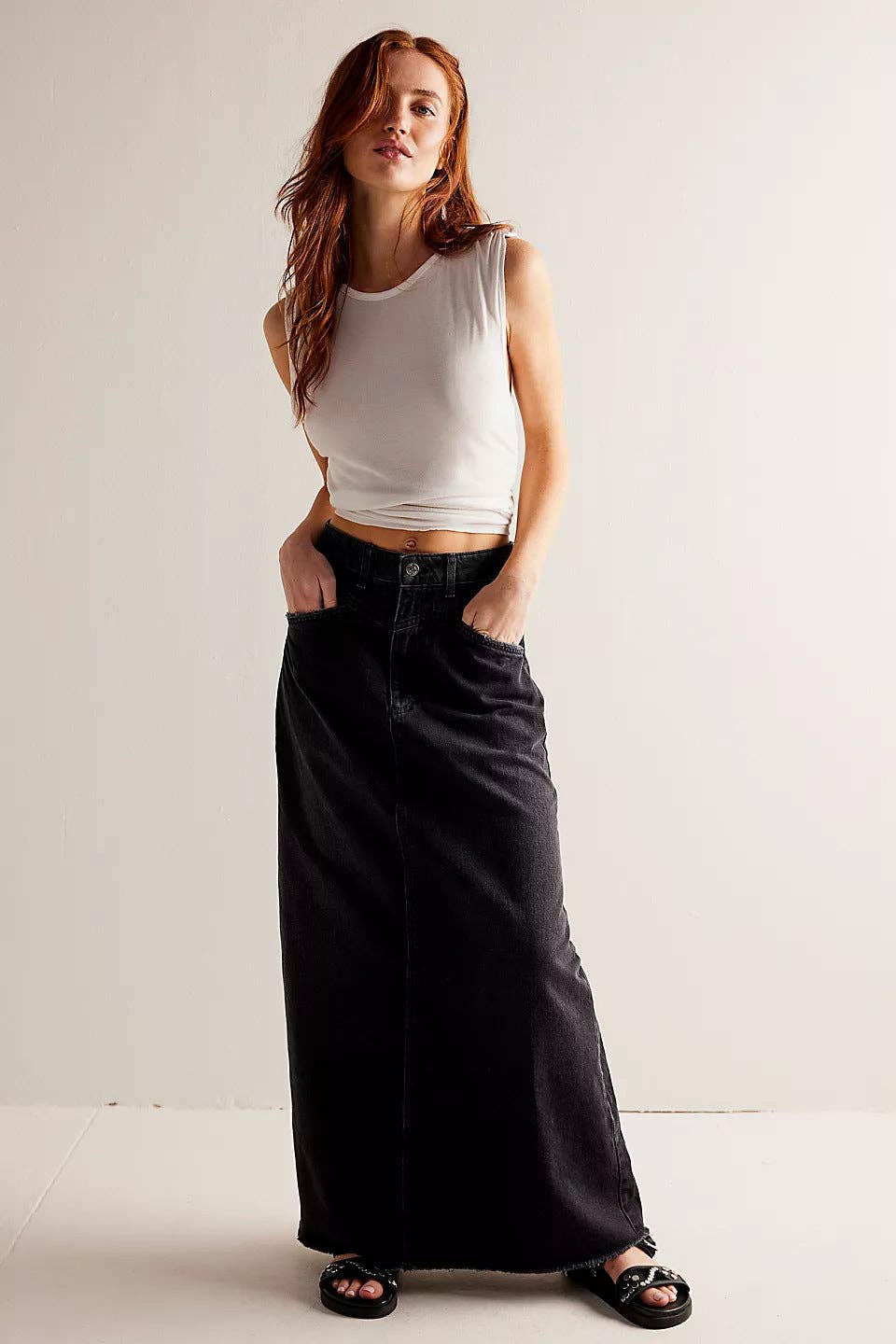 Washed Raw Hem Casual Denim Maxi Skirt
