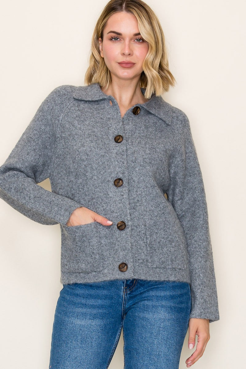 Collared Button Down Sweater Jacket
