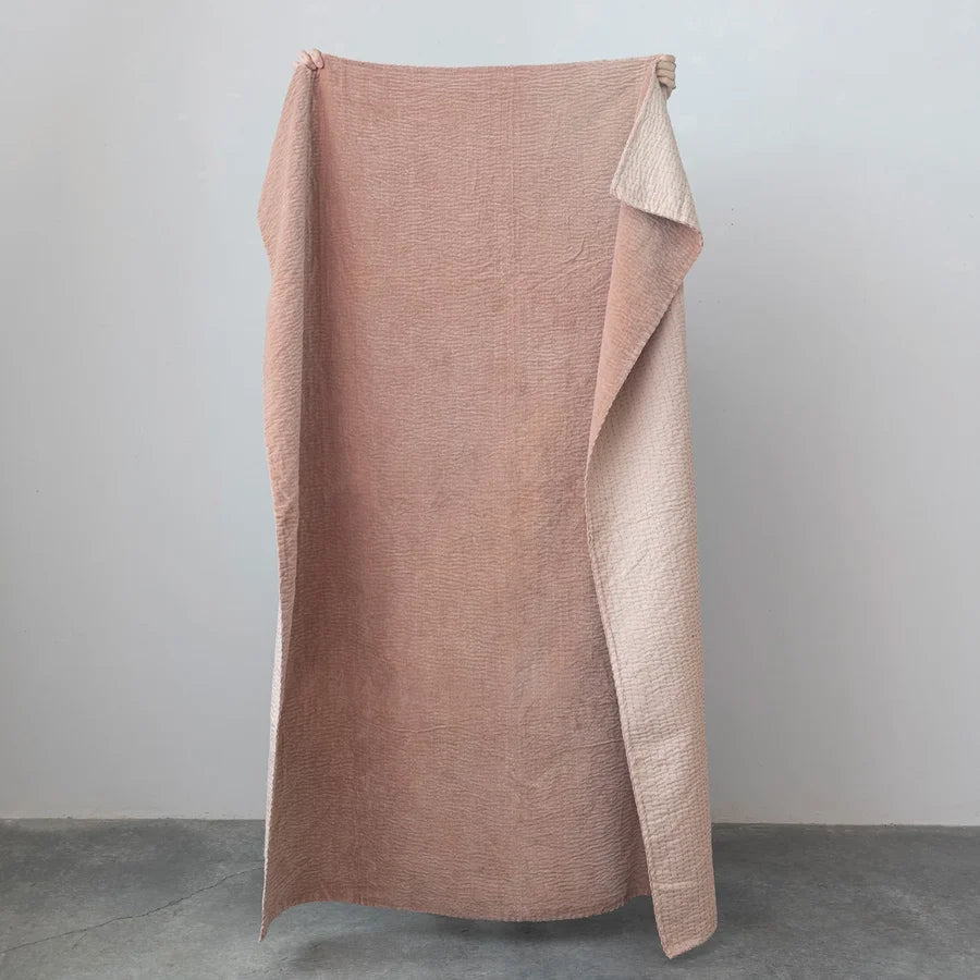 Cotton Velvet Throw w/ Kantha Stitch - Blush
