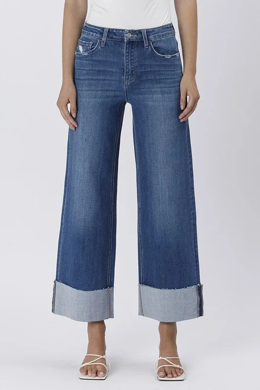 LOVERVET BY VERVET HIGH RISE CUFFED ANKLE WIDE LEG JEANS