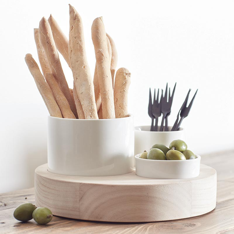 Serve It Up Trio Ceramic Bowls With Wood Base