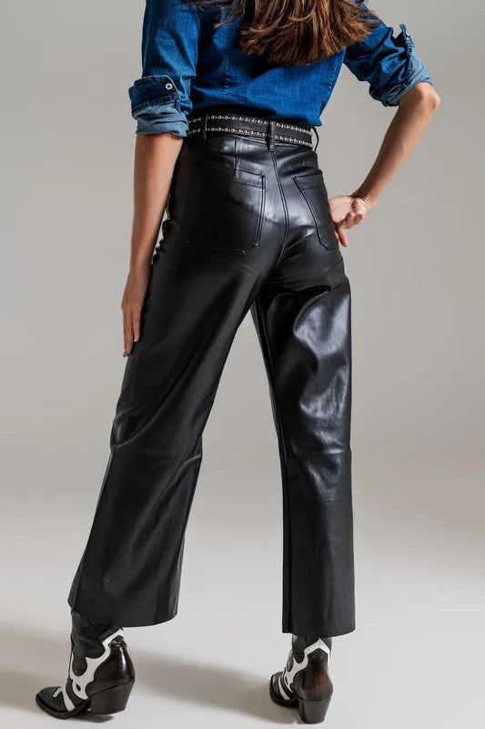 BLACK PALAZZO-STYLE FAUX LEATHER PANTS