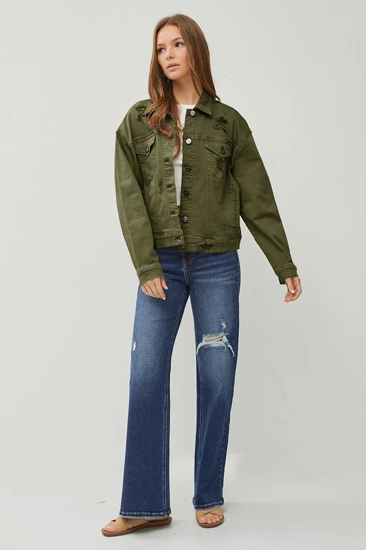 Risen Jean Boyfriend Fit Denim Olive Jacket