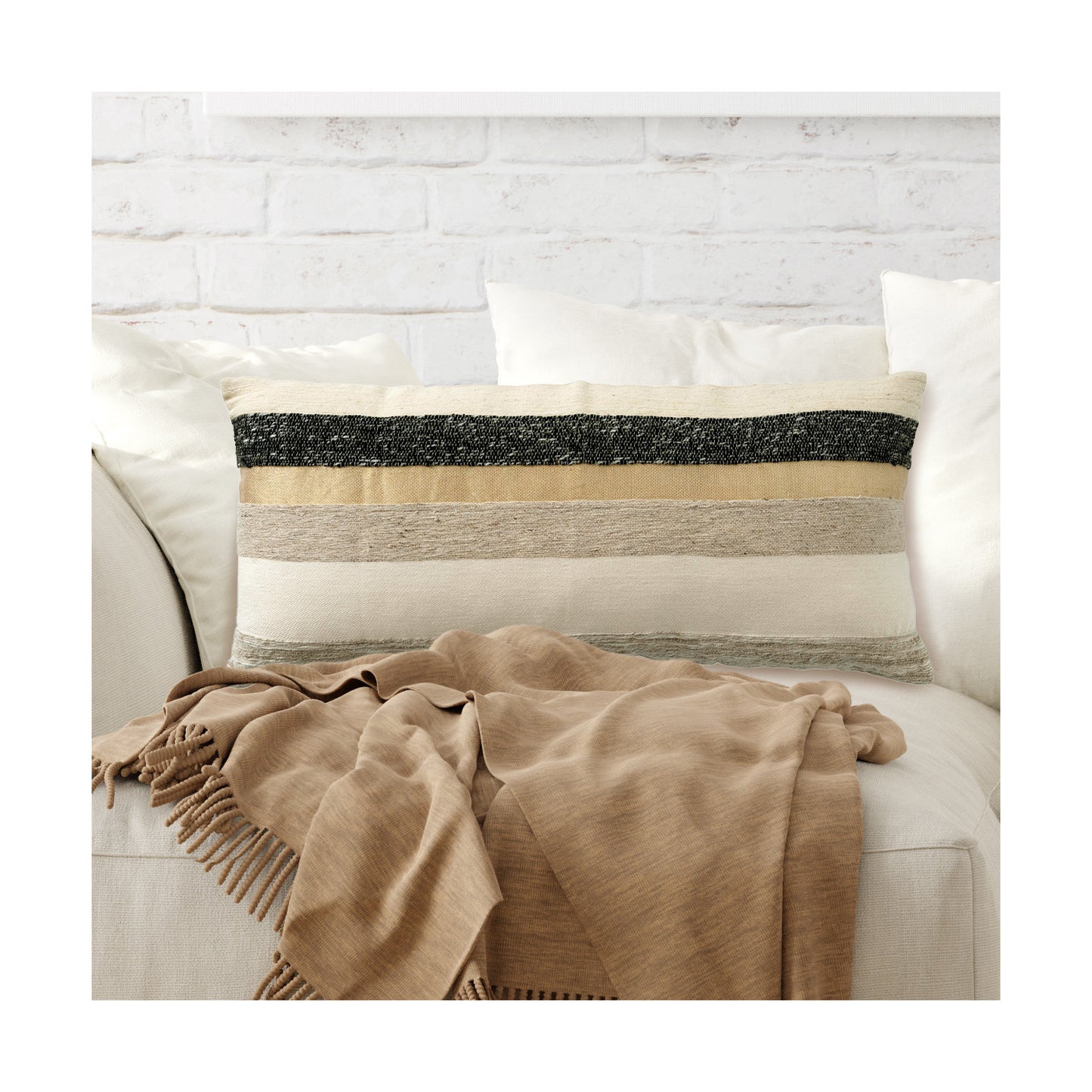 Woven Wool Blend Lumbar Pillow With Gold Metallic Thread & Stripes