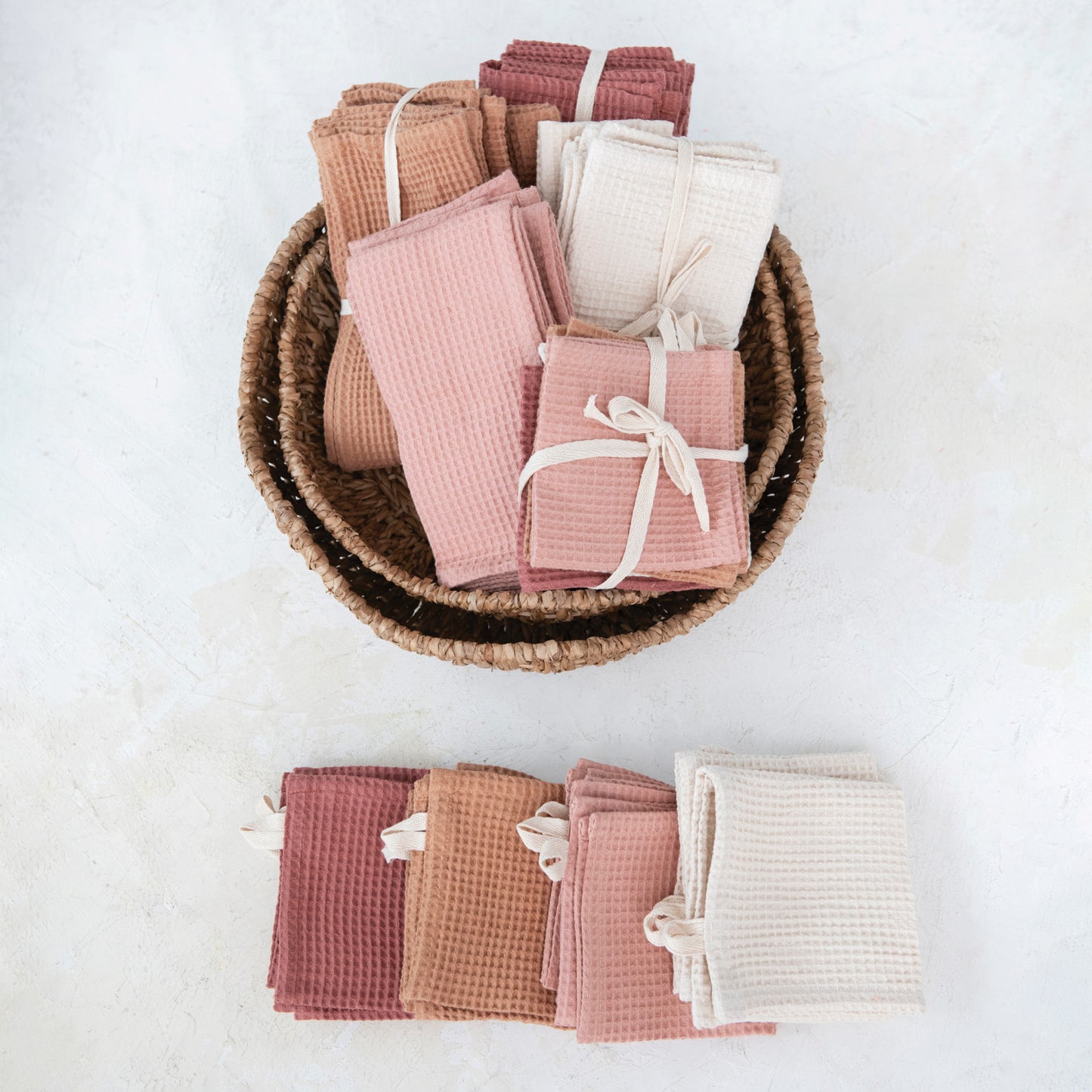 Woven Linen And Cotton Waffle Dish Cloths With Loops, Set Of 4
