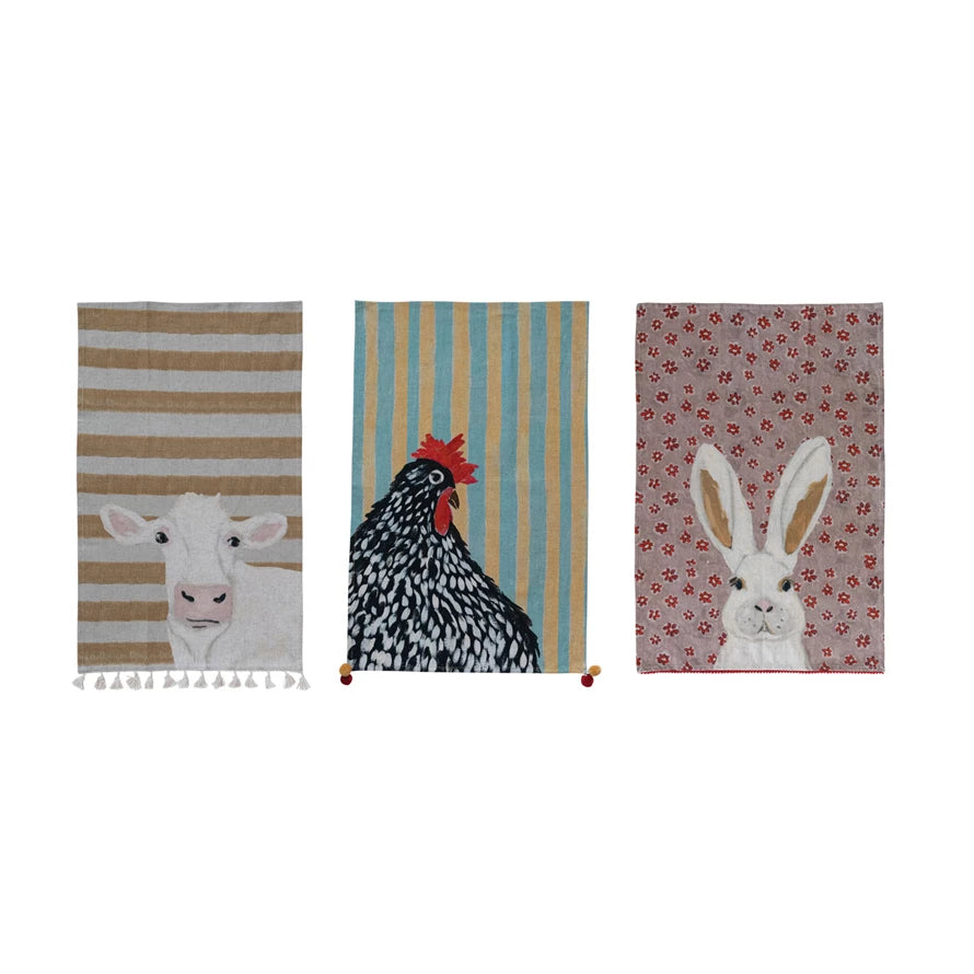 Cotton & Linen Printed Tea Towel with Pom Poms/Tassels