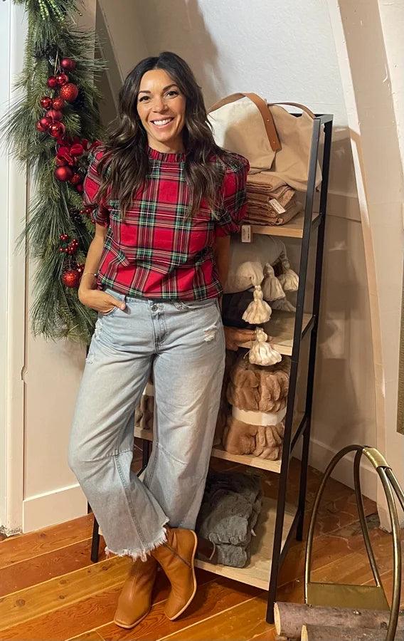 Tartan Ruffle Bubble Sleeve Blouse