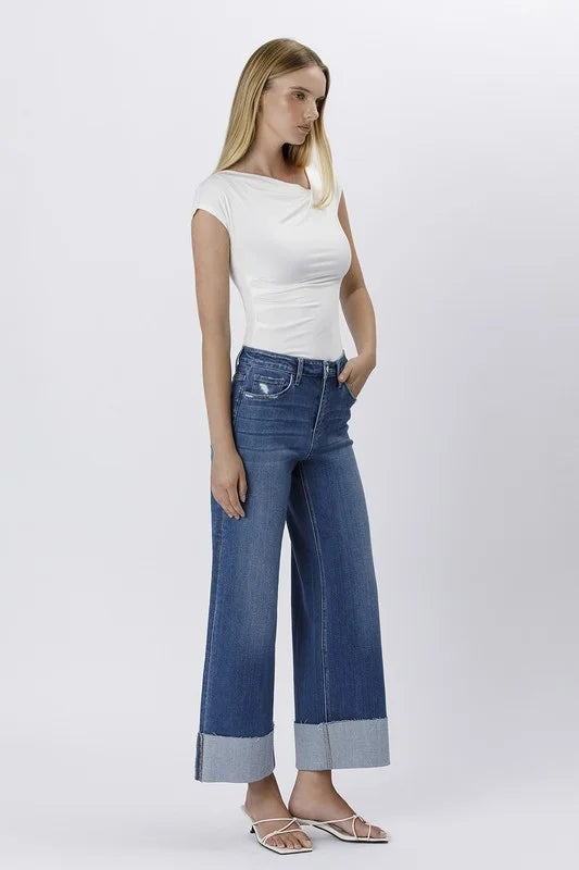 LOVERVET BY VERVET HIGH RISE CUFFED ANKLE WIDE LEG JEANS