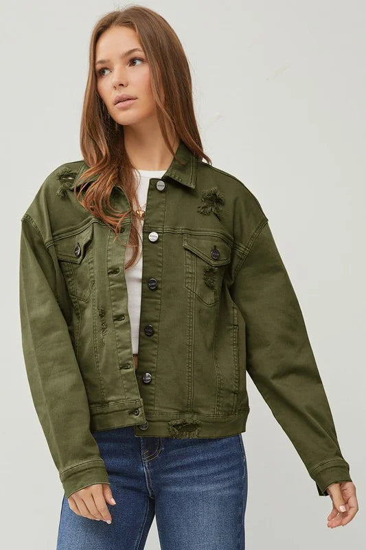 Risen Jean Boyfriend Fit Denim Olive Jacket