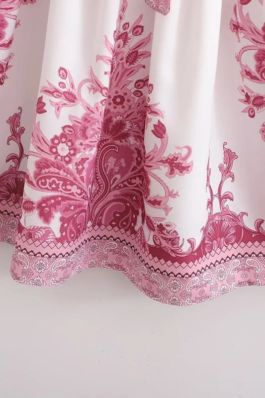 Paisley Print Long Sleeve V-Neck Belted Dress