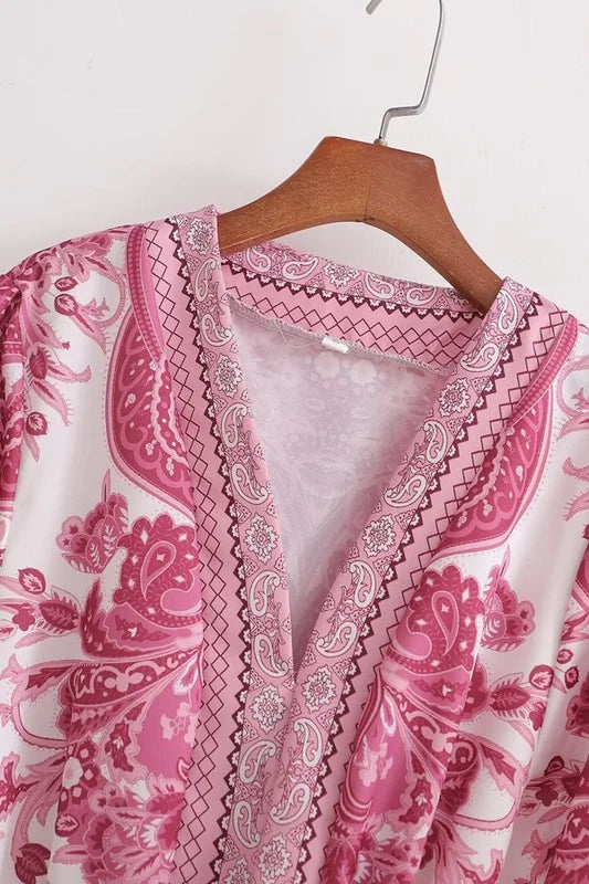 Paisley Print Long Sleeve V-Neck Belted Dress