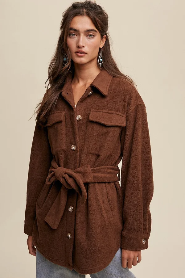 Soft Teddy Shacket with Tie