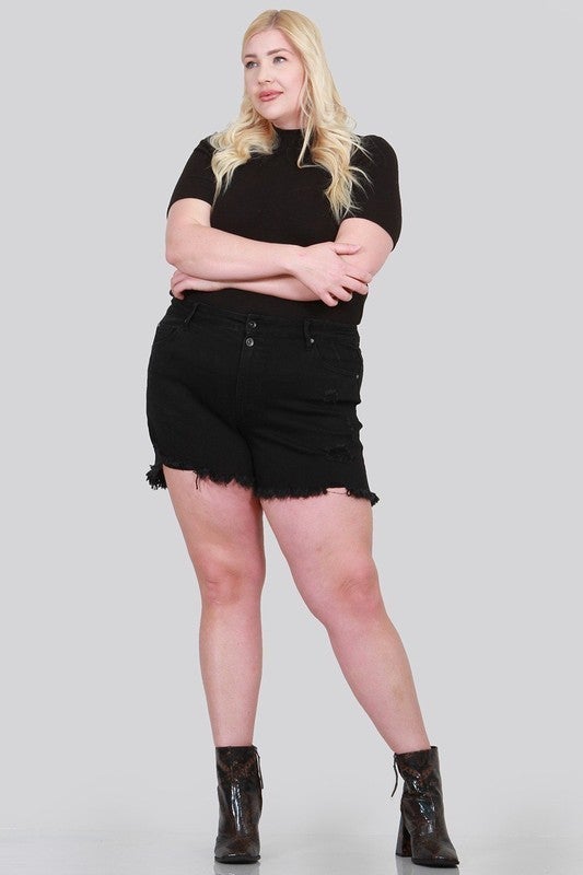 SPECIAL A BLACK DISTRESSED HIGH RISE SHORTS WITH DOUBLE BUTTON