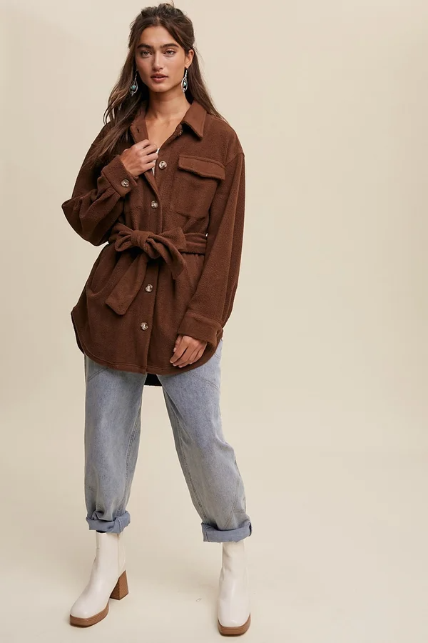 Soft Teddy Shacket with Tie