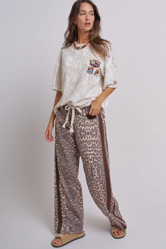 Leopard Print Wide-Leg Pants with Side Stripe