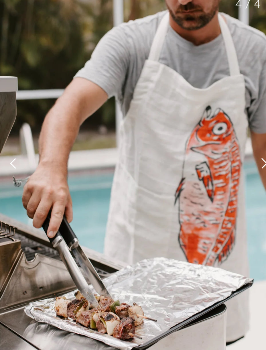 Linen Printed Apron w/ Pocket & Fish