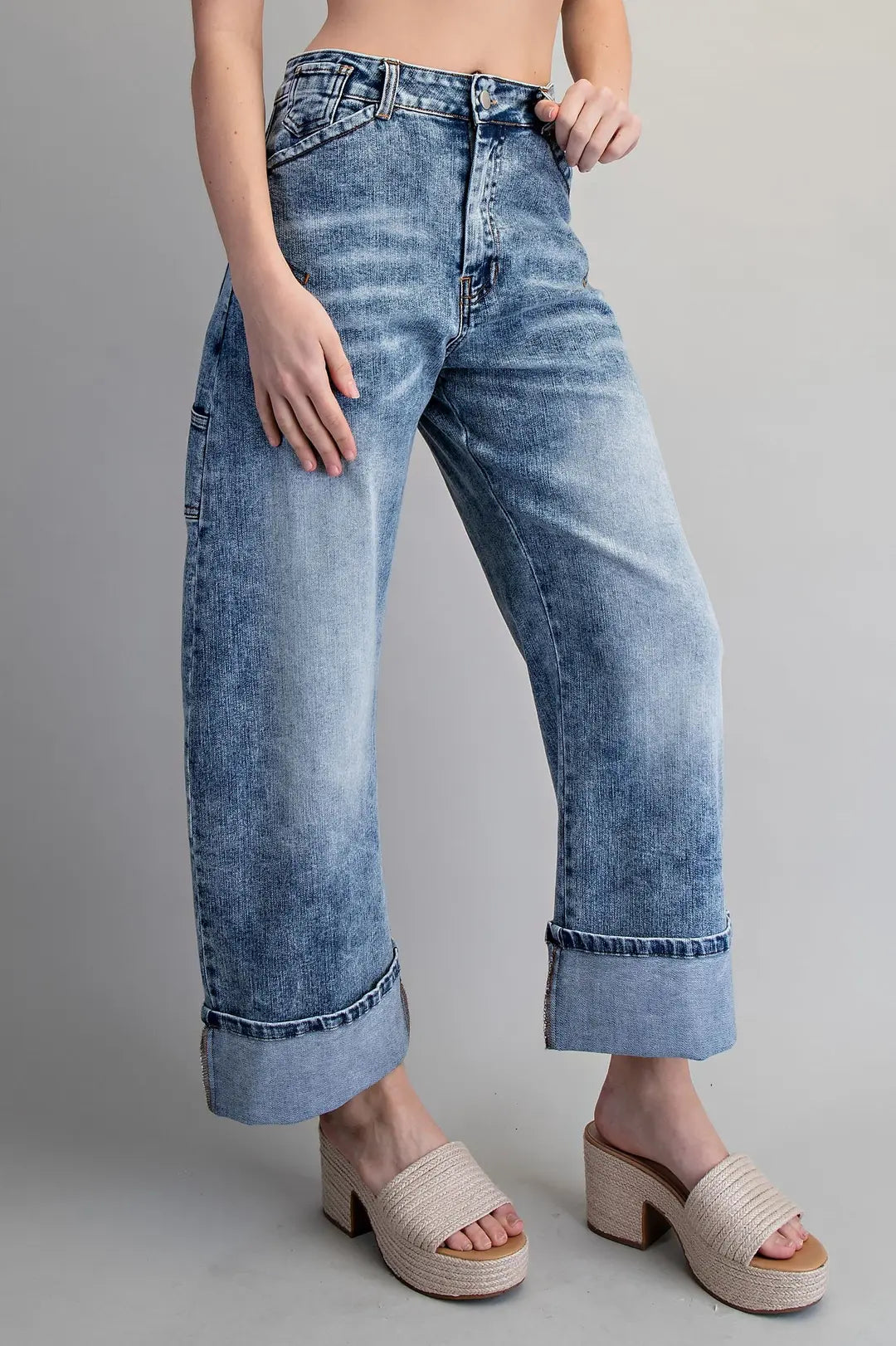 Zipper Front Rolled Up Hem Pants