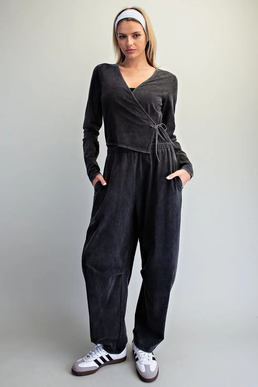 Mineral Washed Wrap Side Tie Jumpsuit