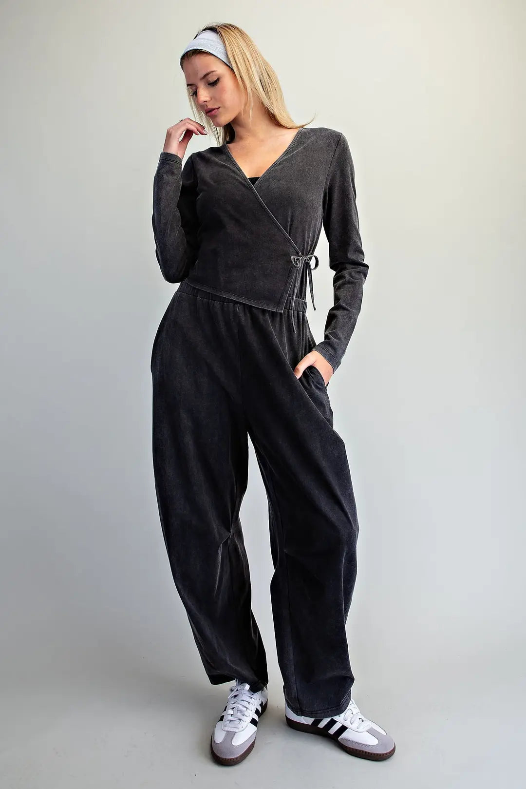 Mineral Washed Wrap Side Tie Jumpsuit