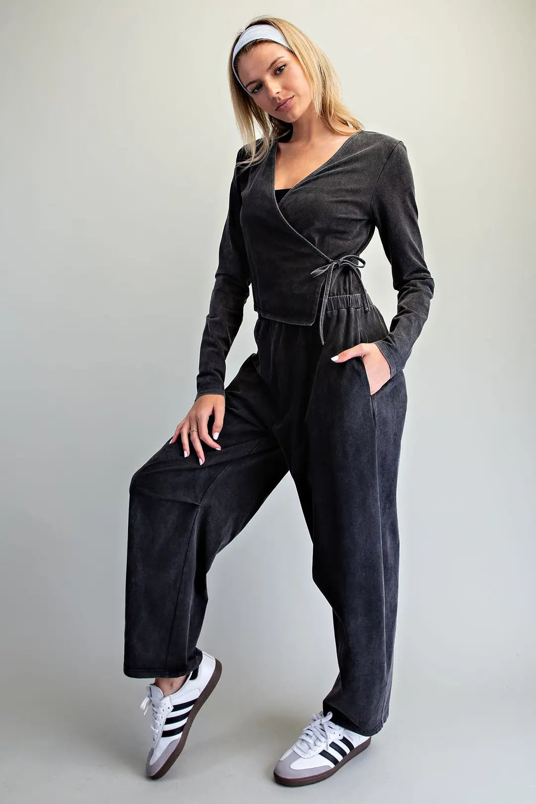 Mineral Washed Wrap Side Tie Jumpsuit