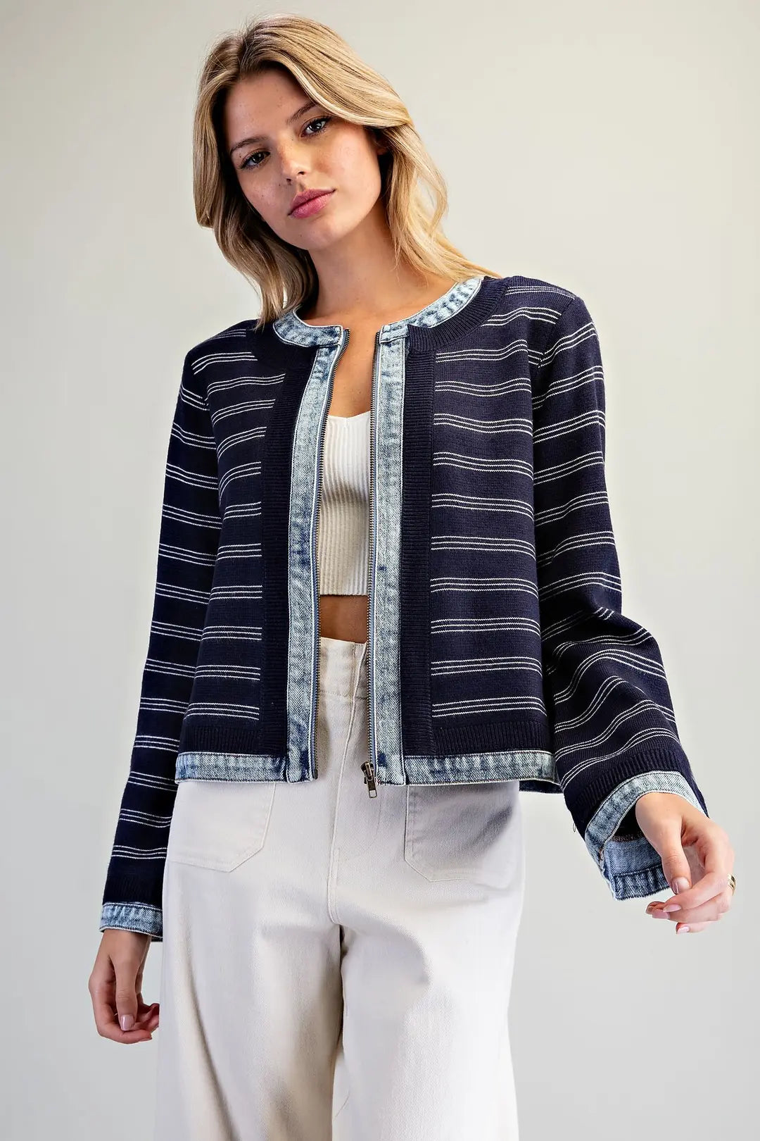 Denim Trim Striped Knit Zip Up