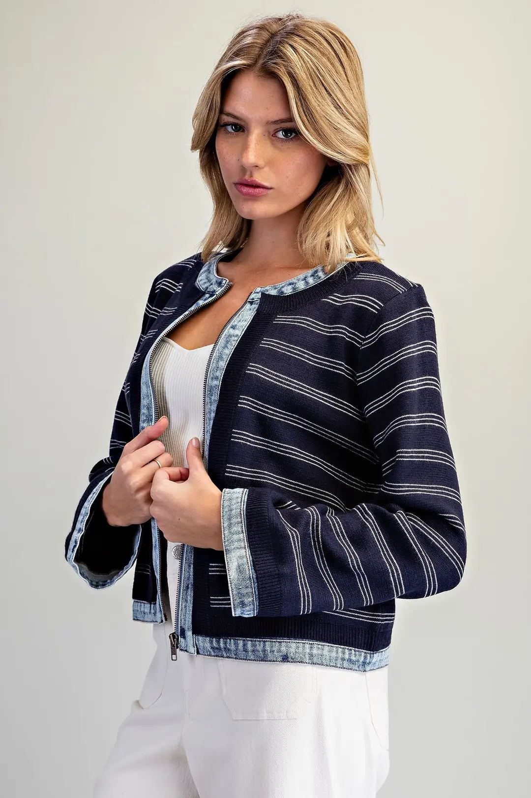 Denim Trim Striped Knit Zip Up