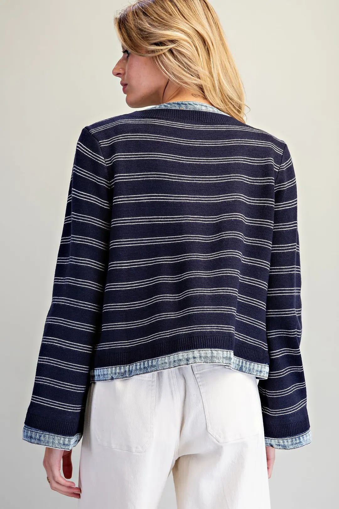 Denim Trim Striped Knit Zip Up