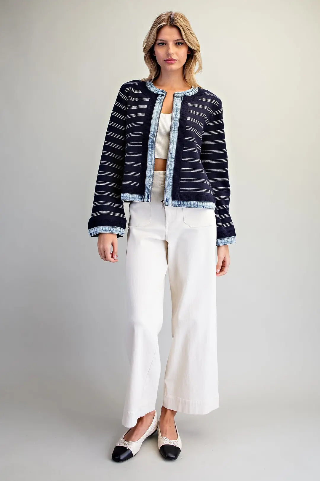 Denim Trim Striped Knit Zip Up