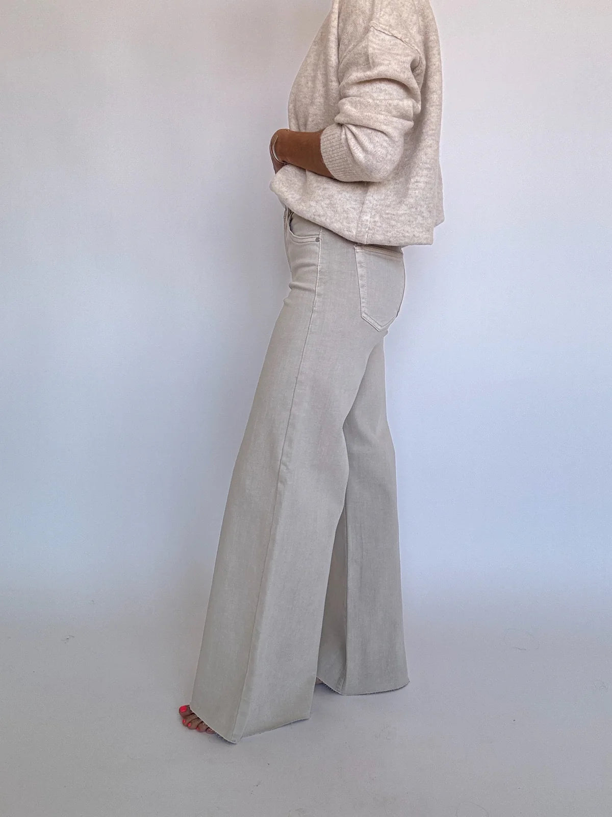 Risen Oatmeal Tummy Control Wide Leg Jeans