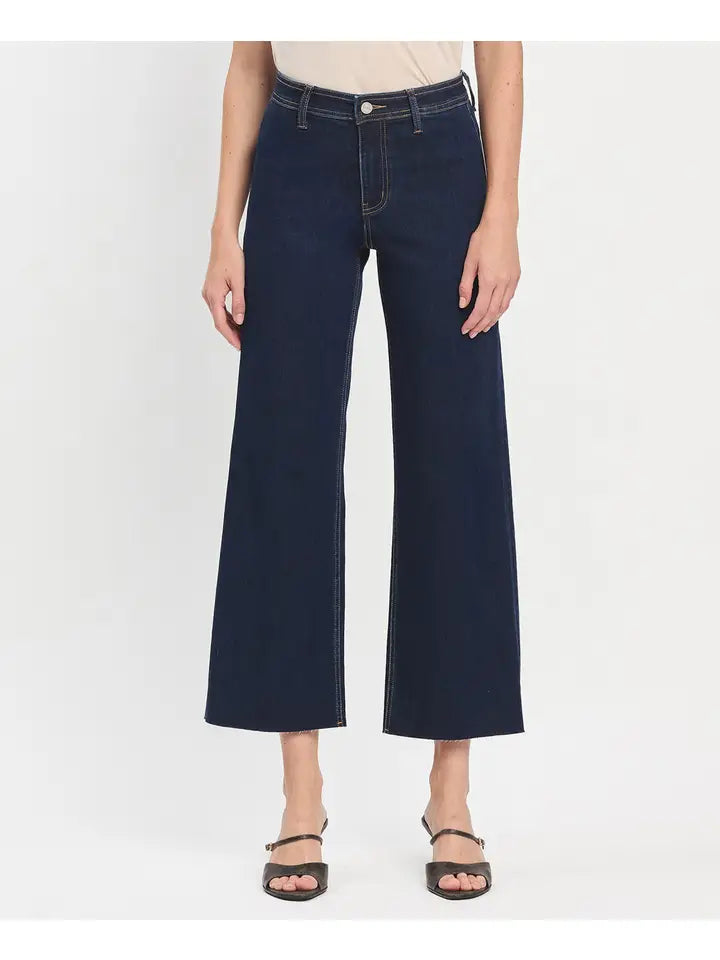 VERVET High Rise Clean Cut Raw Hem Ankle Wide Jeans